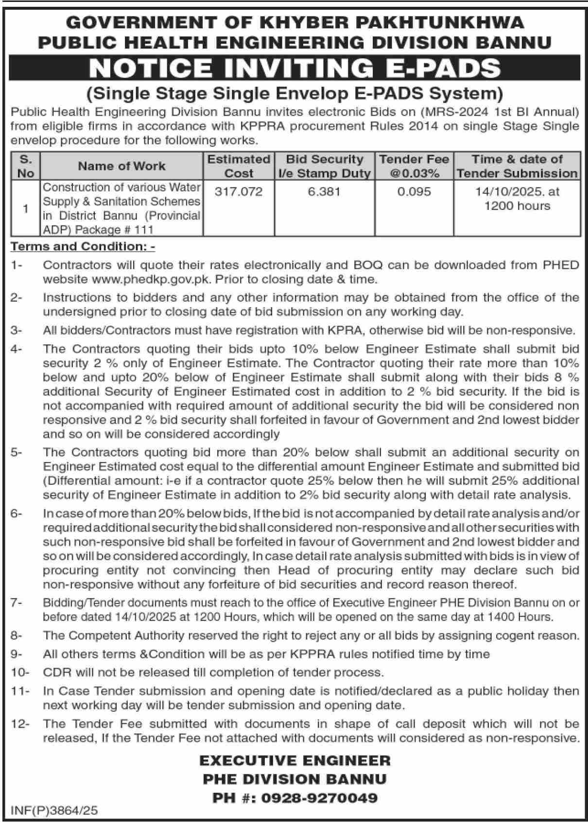 Public Health Engineering Division Bannu Tender Notice